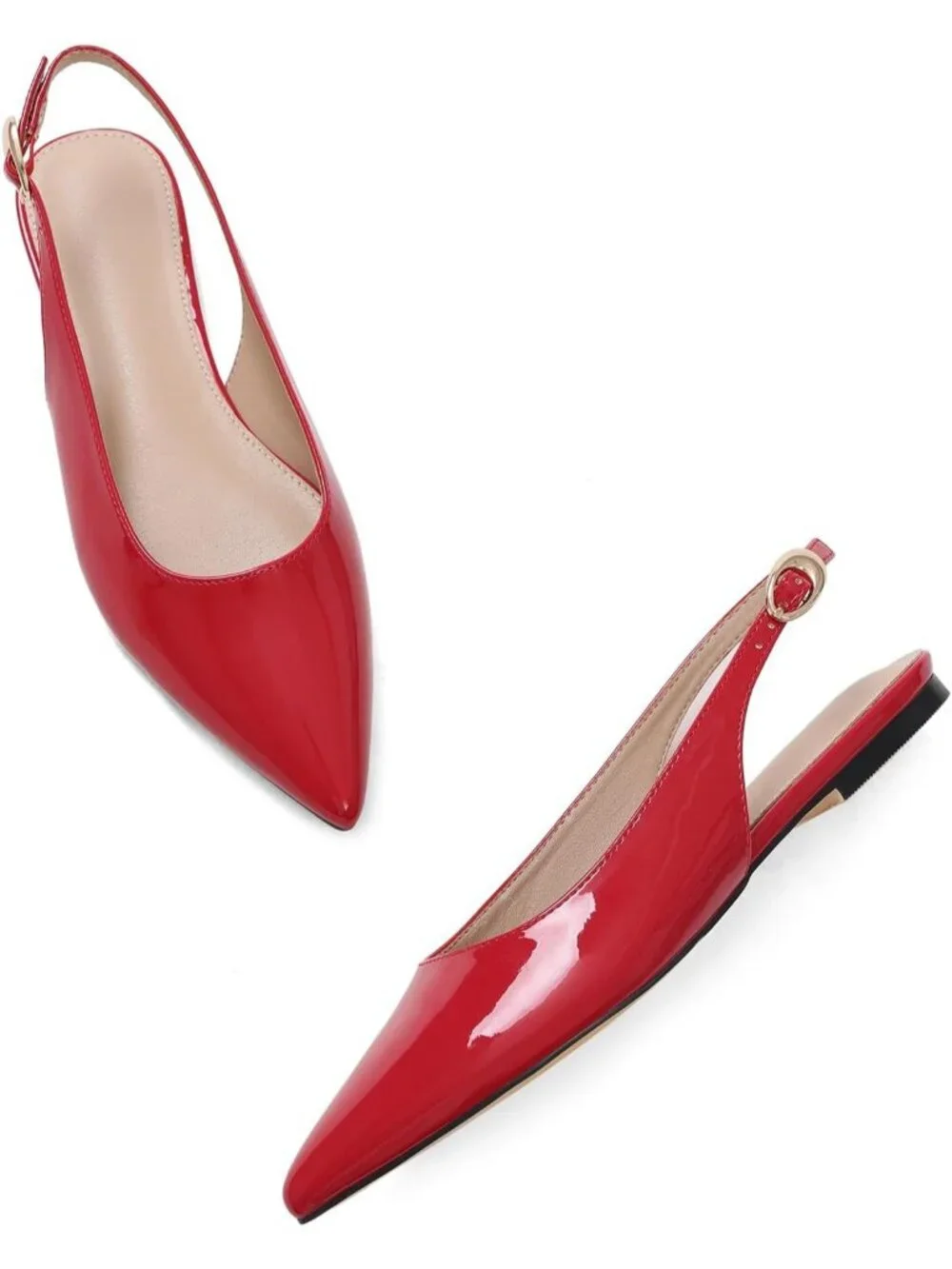 Women's Red Leather Closed Pointed Toe Ballet Flats Adjustable Buckle Flat Shoes